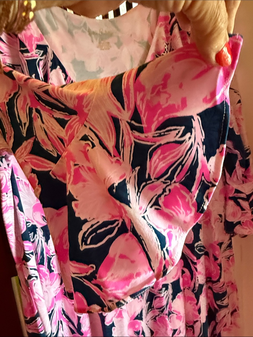Lilly Pulitzer Navy Midi Dress with Pink Floral Print - Picture 4 of 4